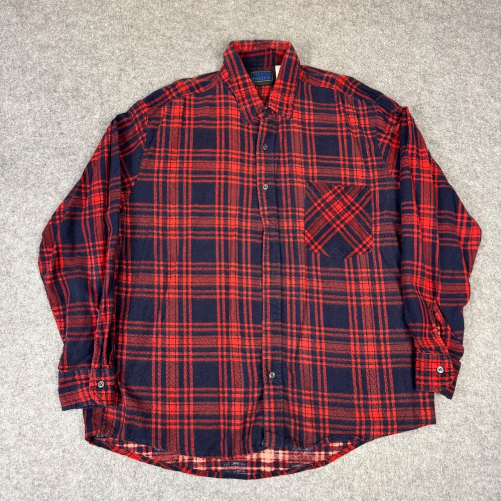 Sierra Pacific Mens XL Red Navy‎ Blue Plaid Flannel Button Down Shirt Cotton